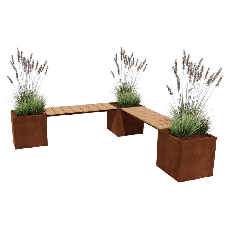 Corten plieno lauko vazonas - Kvadratas - Kampinė konfigūracija - 221,2 x 221,2 x 50 cm - Su suoliuku
