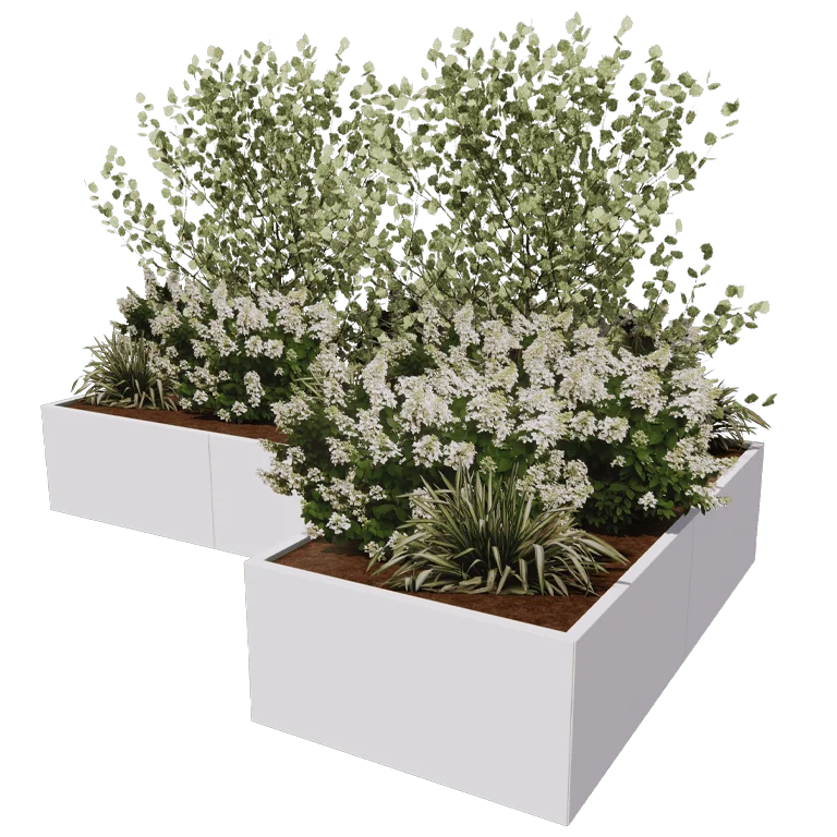 Plieninis lauko vazonas - L-forma - 300 x 200 x 100 cm - RAL9005 matinė (juoda) - Su dugno plokšte