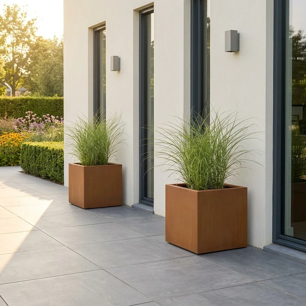 Corten plieno lauko vazonas - Kvadratas - 40 x 40 x 40 cm - Su dugno plokšte