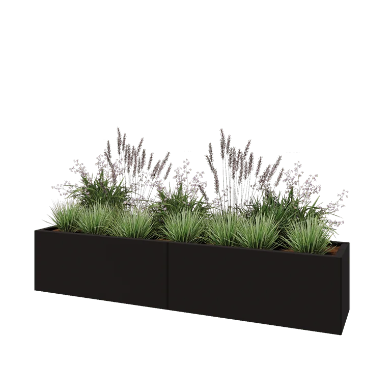 Plieninis lauko vazonas XXL - Stačiakampis - 200 x 40 x 40 cm - RAL9005 matinė (juoda) - Su dugno plokšte
