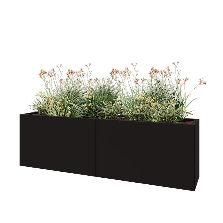 Plieninis lauko vazonas XXL - Stačiakampis - 200 x 40 x 60 cm - RAL9005 matinė (juoda) - Su dugno plokšte