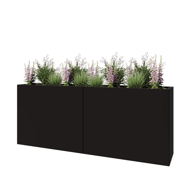 Plieninis lauko vazonas XXL - Stačiakampis - 200 x 40 x 80 cm - RAL9005 matinė (juoda) - Su dugno plokšte