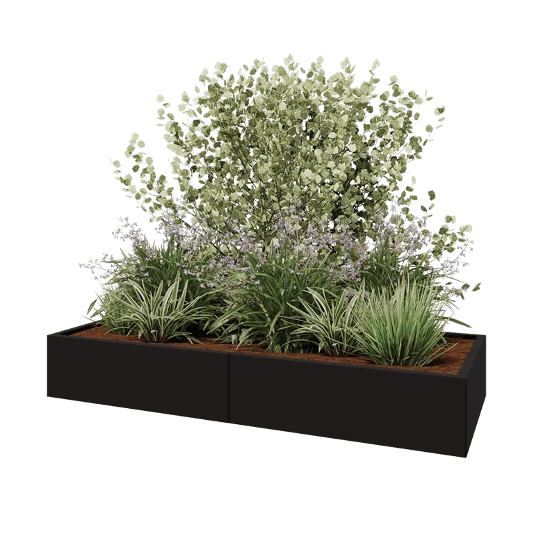 Plieninis lauko vazonas XXL - Stačiakampis - 200 x 80 x 30 cm - RAL9005 matinė (juoda) - Su dugno plokšte