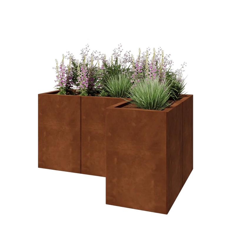 Corten plieno lauko vazonas - L-forma - 120 x 80 x 60 cm - Su dugno plokšte