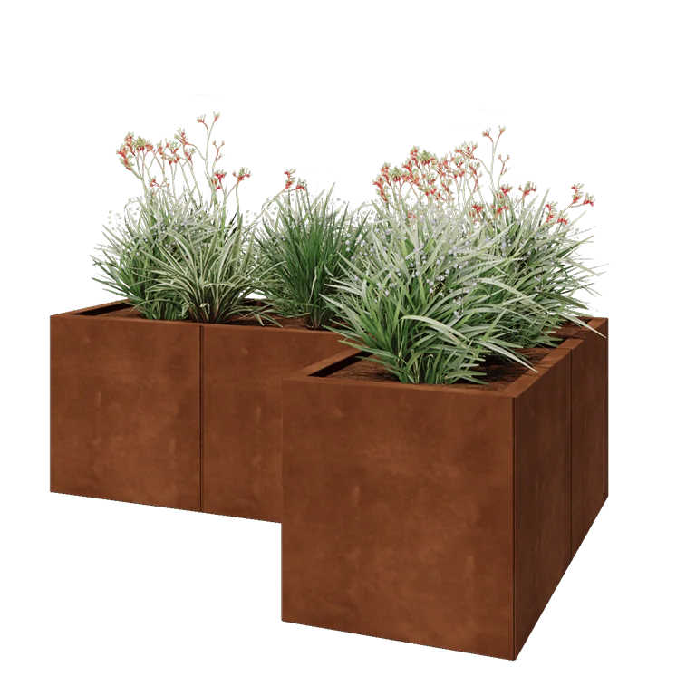 Corten plieno lauko vazonas - L-forma - 150 x 100 x 50 cm - Su dugno plokšte