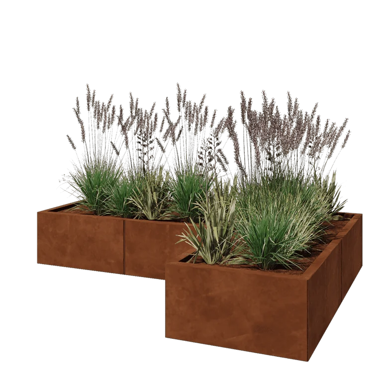 Corten plieno lauko vazonas - L-forma - 180 x 120 x 30 cm - Su dugno plokšte