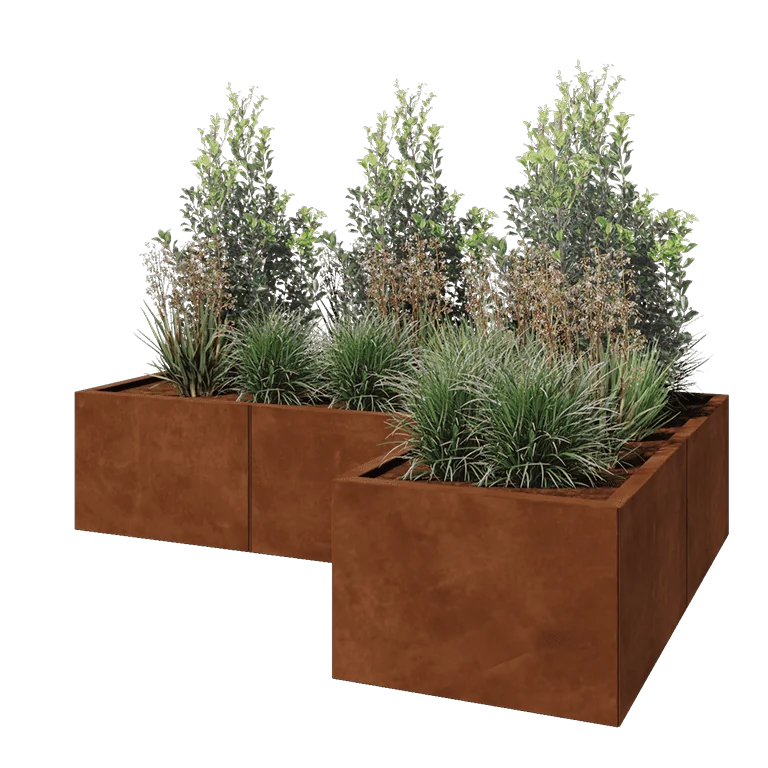 Corten plieno lauko vazonas - L-forma - 180 x 120 x 40 cm - Su dugno plokšte