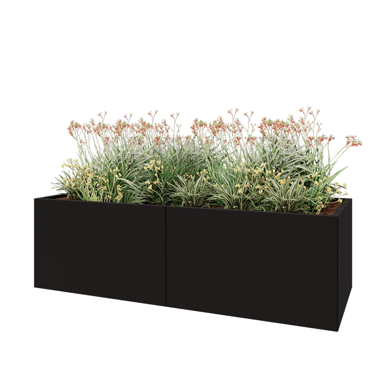 Plieninis lauko vazonas XXL - Stačiakampis - 200 x 80 x 60 cm - RAL9005 matinė (juoda) - Su dugno plokšte
