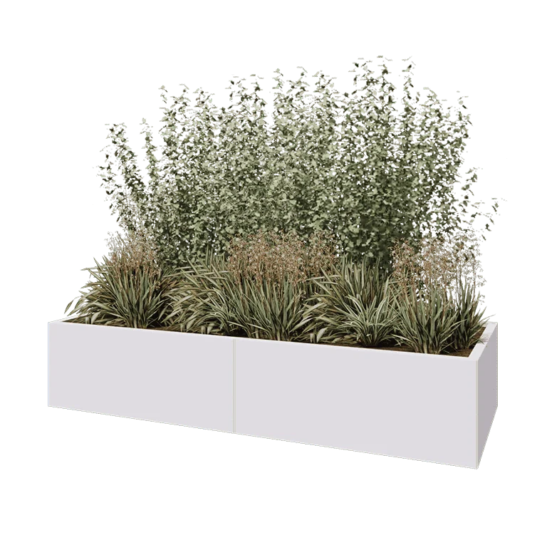 Plieninis lauko vazonas XXL - Stačiakampis - 200 x 80 x 40 cm - RAL9010 matinė (balta) - Su dugno plokšte