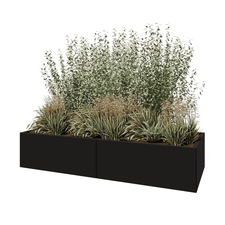 Plieninis lauko vazonas XXL - Stačiakampis - 200 x 80 x 40 cm - RAL9005 matinė (juoda) - Su dugno plokšte