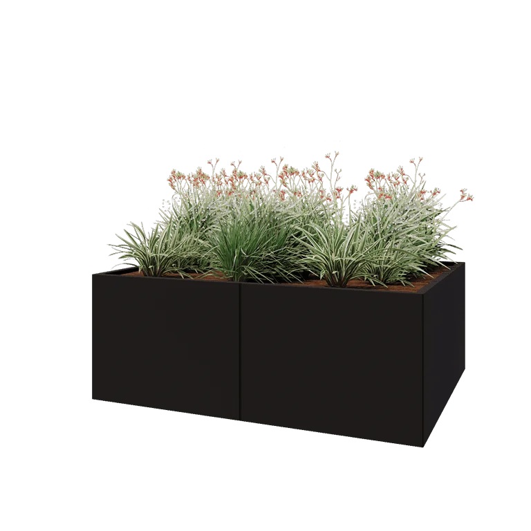 Plieninis lauko vazonas XXL - Stačiakampis - 160 x 120 x 60 cm - RAL9005 matinė (juoda) - Su dugno plokšte