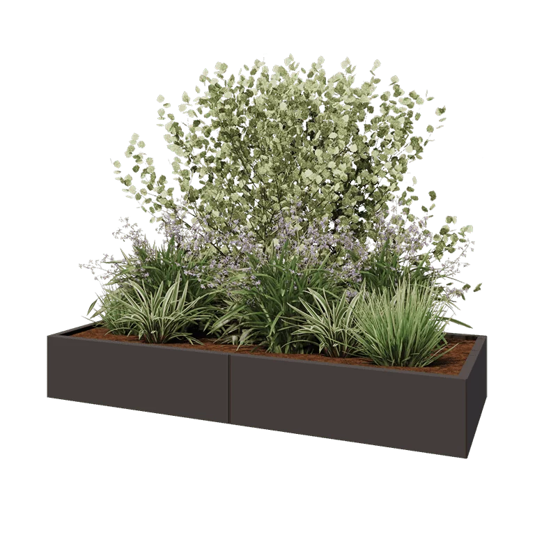 Plieninis lauko vazonas XXL - Stačiakampis - 200 x 80 x 30 cm - kita RAL spalva - Su dugno plokšte